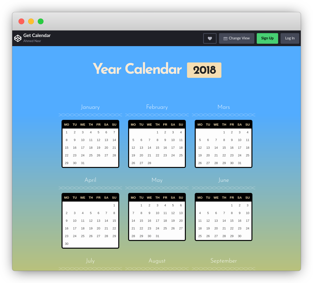 Year Calendar 2018graphics